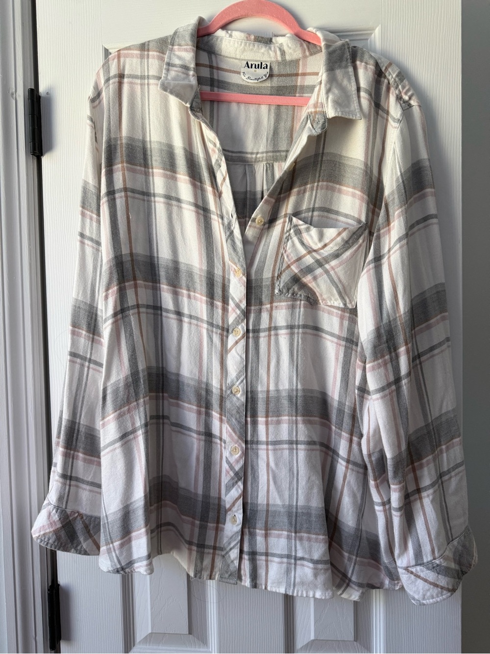 Arula Plaid Button-Up Shirt in Cream, Gray & Blush